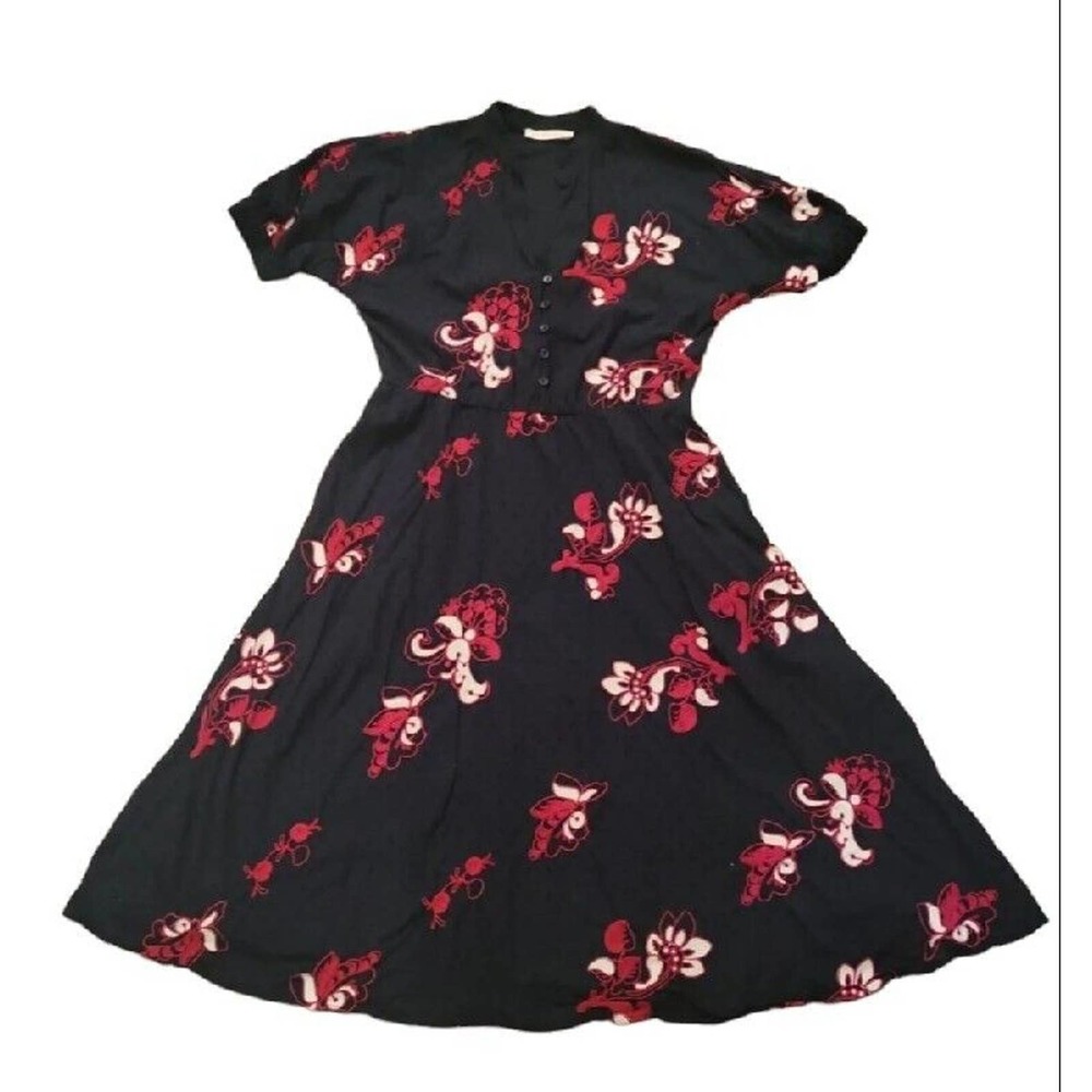 Tory Burch Black and Red Floral Embroidered Caftan Midi Shirt Dress Size 6